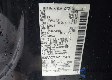 2004 Nissan Titan Se из США, поврежденный, VIN 1N6AA07AX4N575471